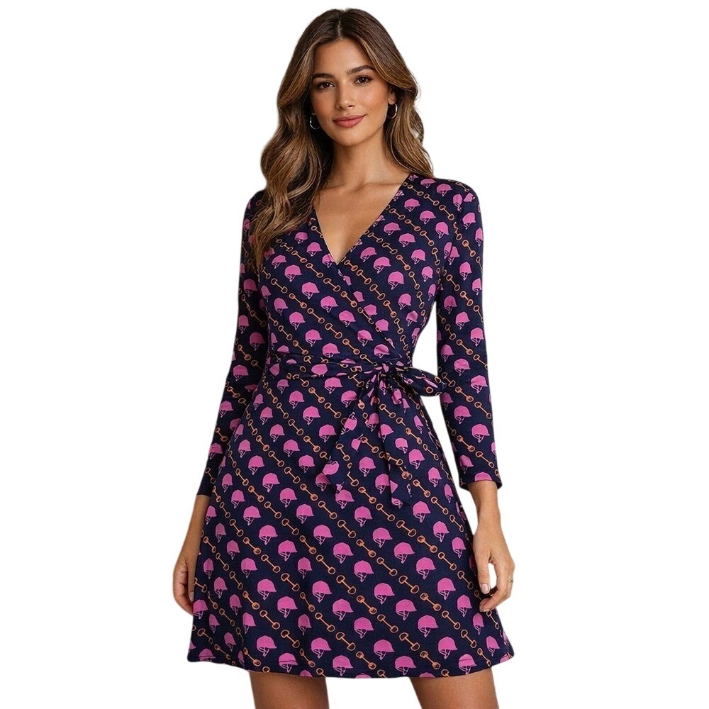 Preppy Leota Faux Wrap Dress Navy Blue Equestrian Horses Stretchy Soft Small NWT